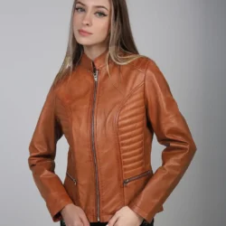Rachel Womens Tan Cafe Racer Leather Jacket - Image 3