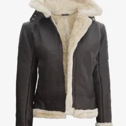 Womens Dark Brown Hooded Shearling Leather Jacket