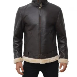 Mens Real Leather Dark Brown Shearling Bomber Jacket - Image 4