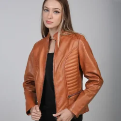 Rachel Womens Tan Cafe Racer Leather Jacket