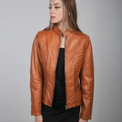 Rachel Womens Tan Cafe Racer Leather Jacket - Image 4