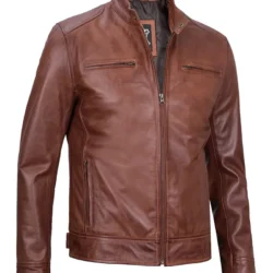 Dodge Tall Mens Cognac Cafe Racer Leather Jacket - Image 4