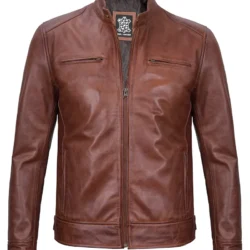 Dodge Tall Mens Cognac Cafe Racer Leather Jacket - Image 3