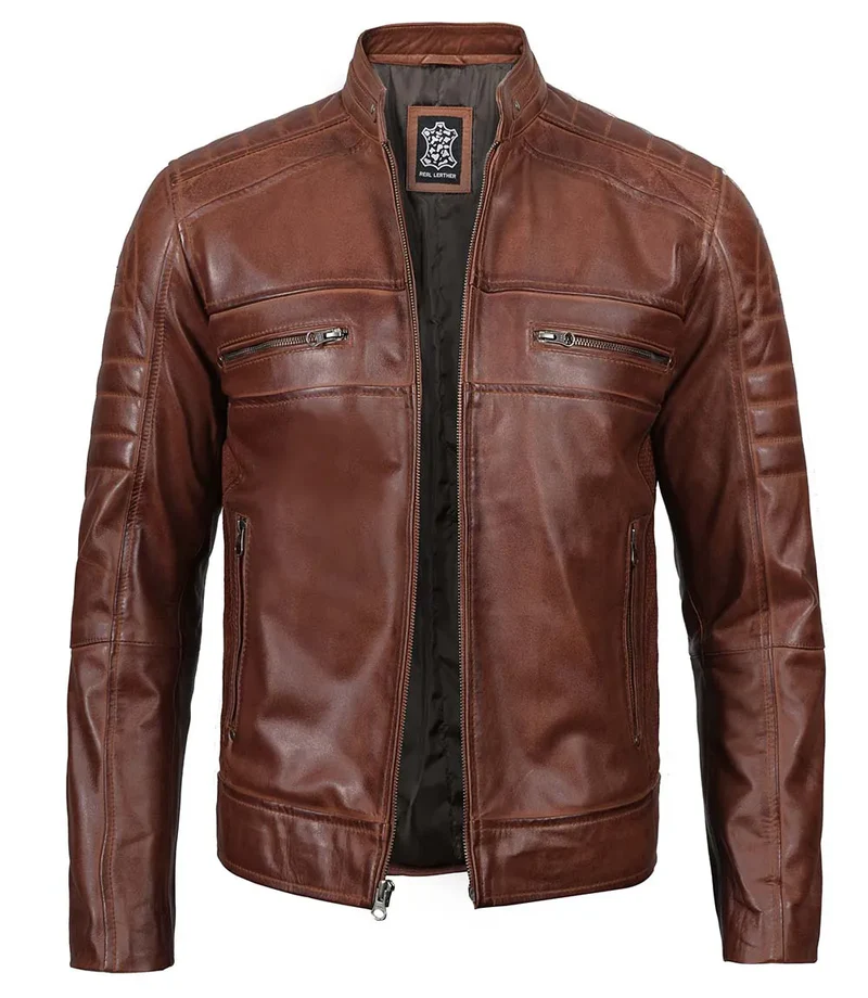 Austin Tall Men Cognac Brown Cafe Racer Leather Jacket - Image 3