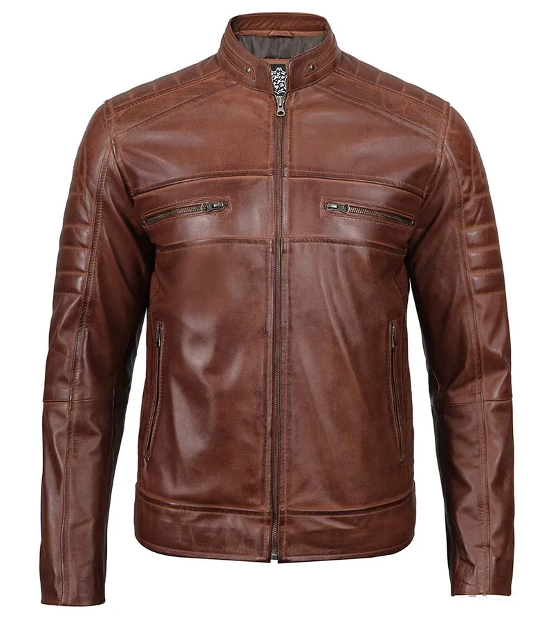 Austin Tall Men Cognac Brown Cafe Racer Leather Jacket - Image 4