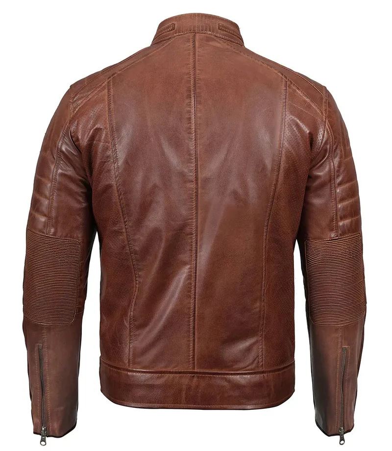 Austin Tall Men Cognac Brown Cafe Racer Leather Jacket - Image 2